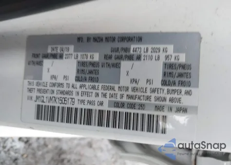 2019 Mazda Mazda6 Touring из США, поврежденный, VIN JM1GL1VM7K1505179